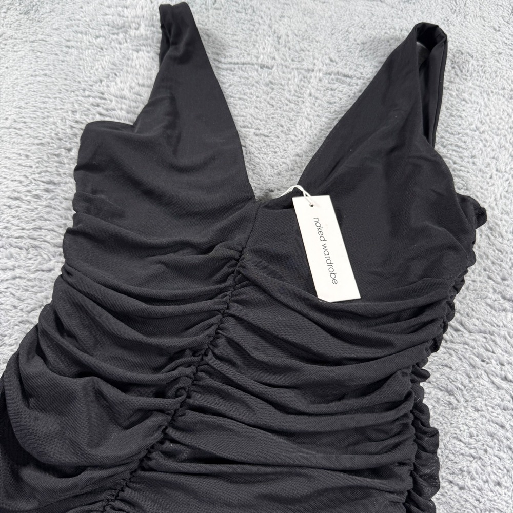 Naked Wardrobe Ruched Midi Dress Women M Black New V-Neck Bodycon NW-D5061-M